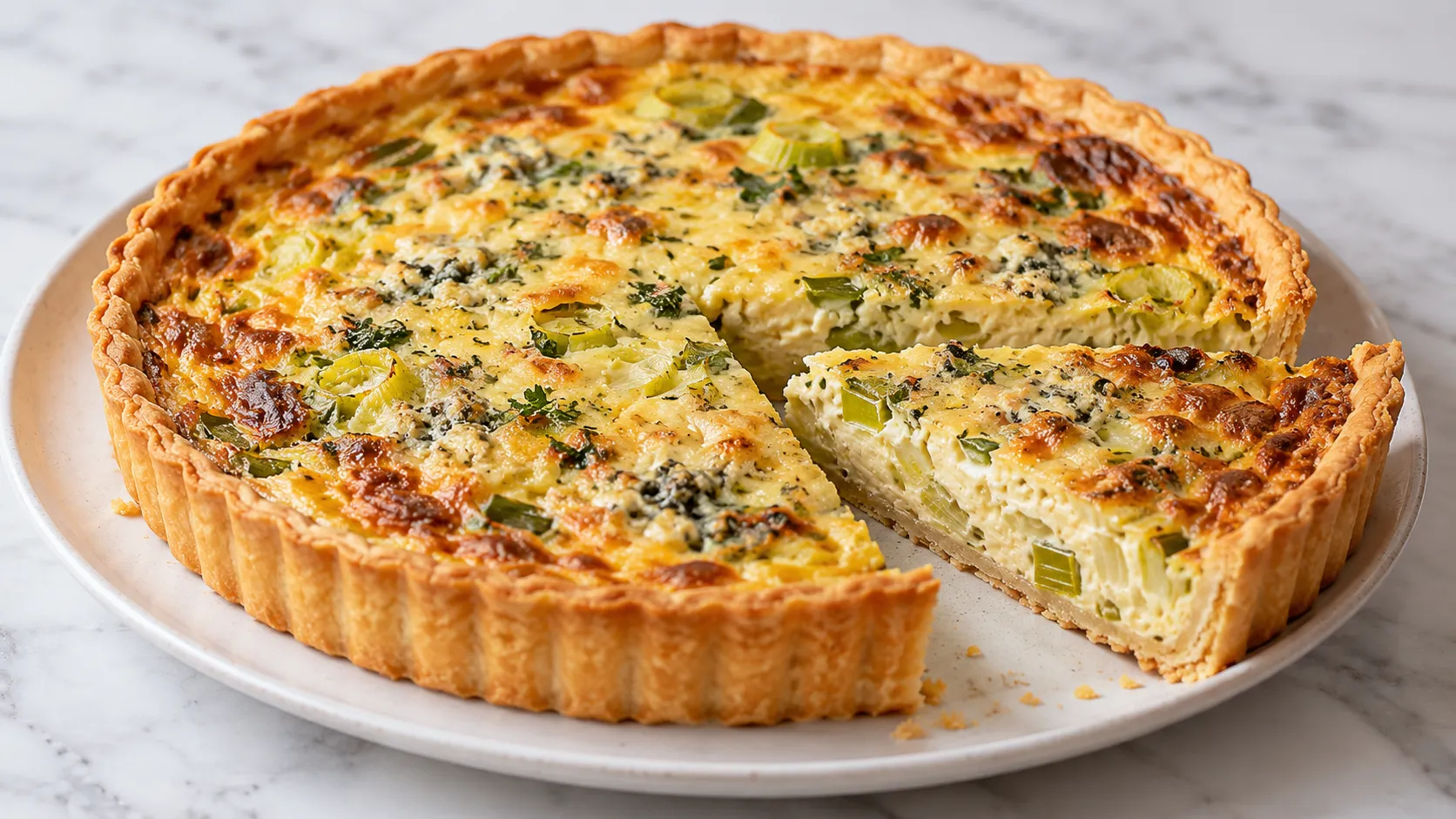 Mary Berry leek and Stilton quiche with a golden baked filling in a pastry case