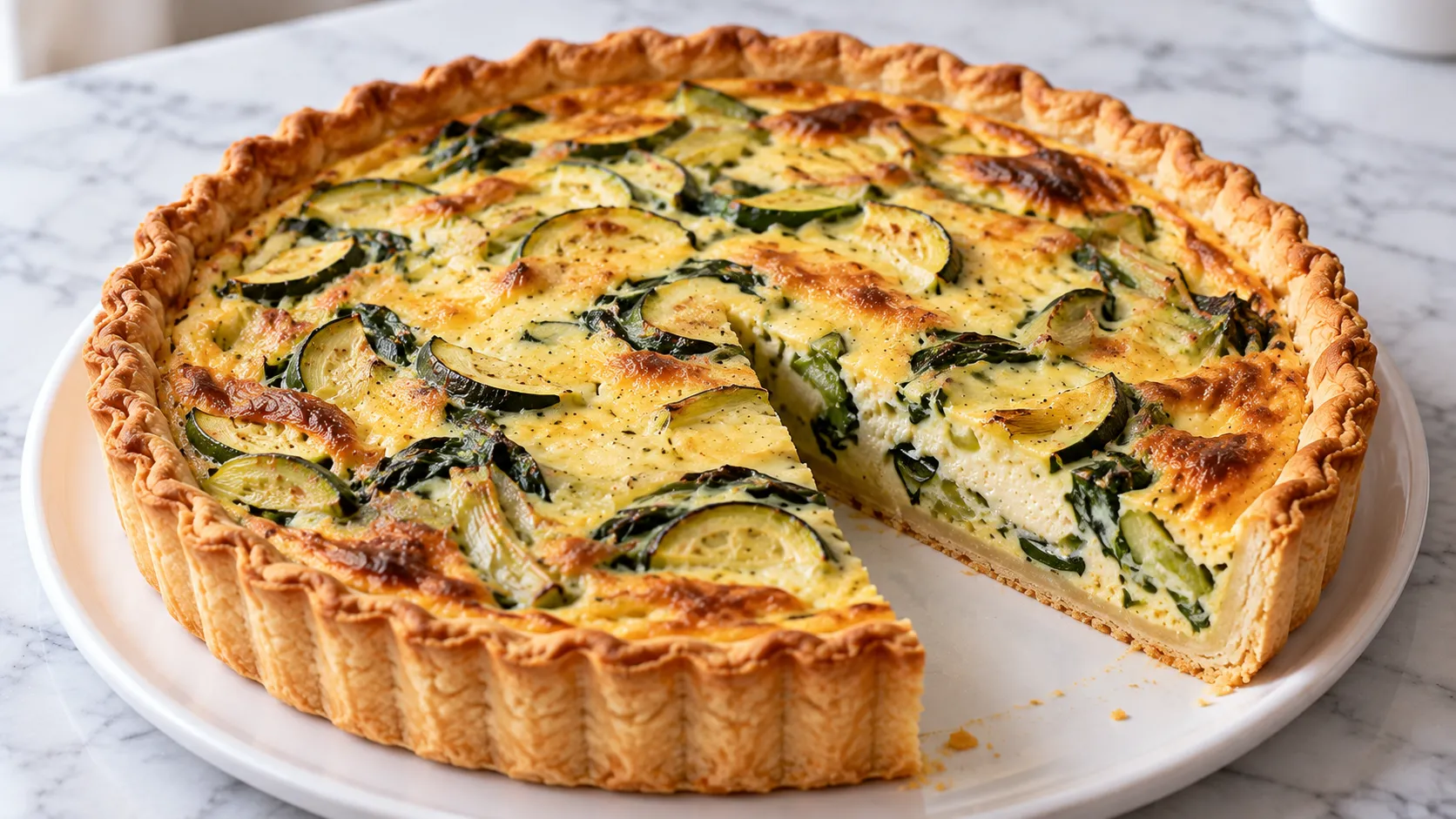 Mary Berry courgette quiche with a golden baked top and crisp pastry case