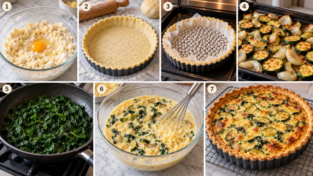Step-by-step collage showing how to make courgette quiche, from making the pastry to roasting the vegetables and baking