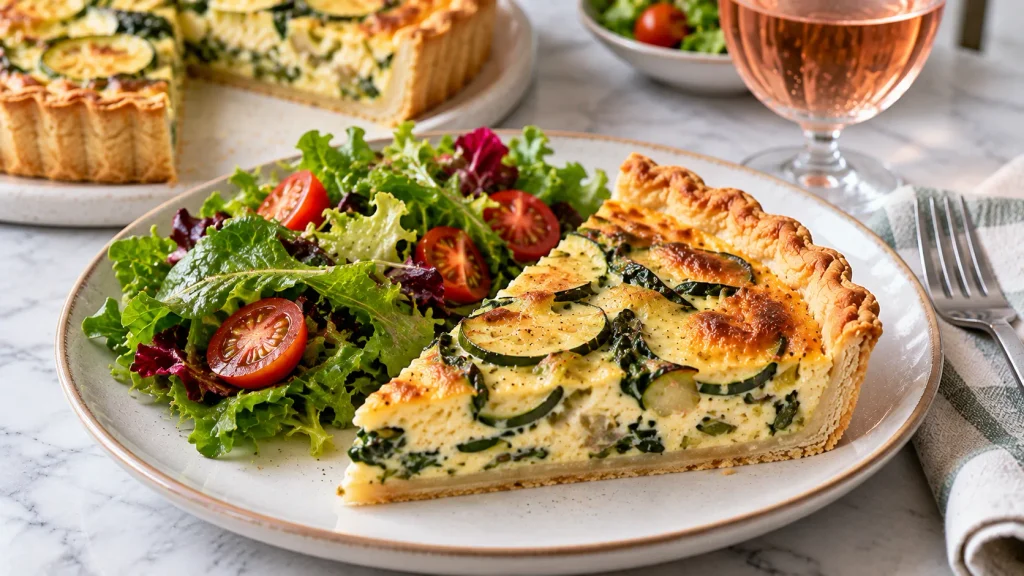 Slice of courgette quiche served with a leafy salad