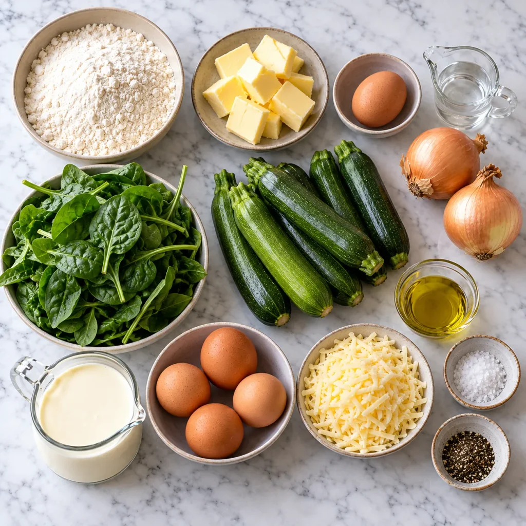 Flat-lay of courgette quiche ingredients including baby courgettes, onions, spinach, eggs, double cream, Gruyère, flour and butter